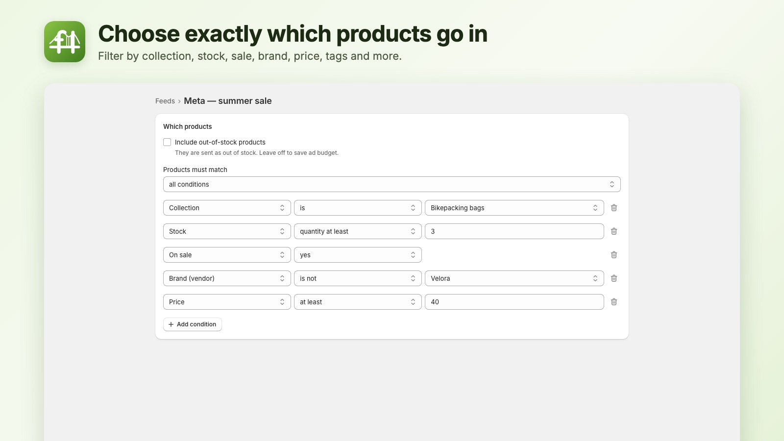 Conditions by collection, stock, tags, vendor