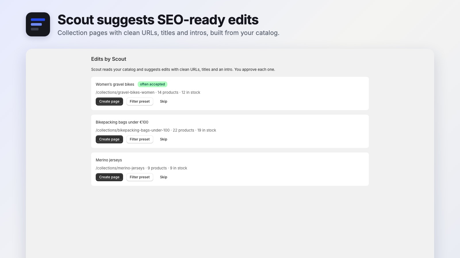 Scout suggests SEO-ready collection pages