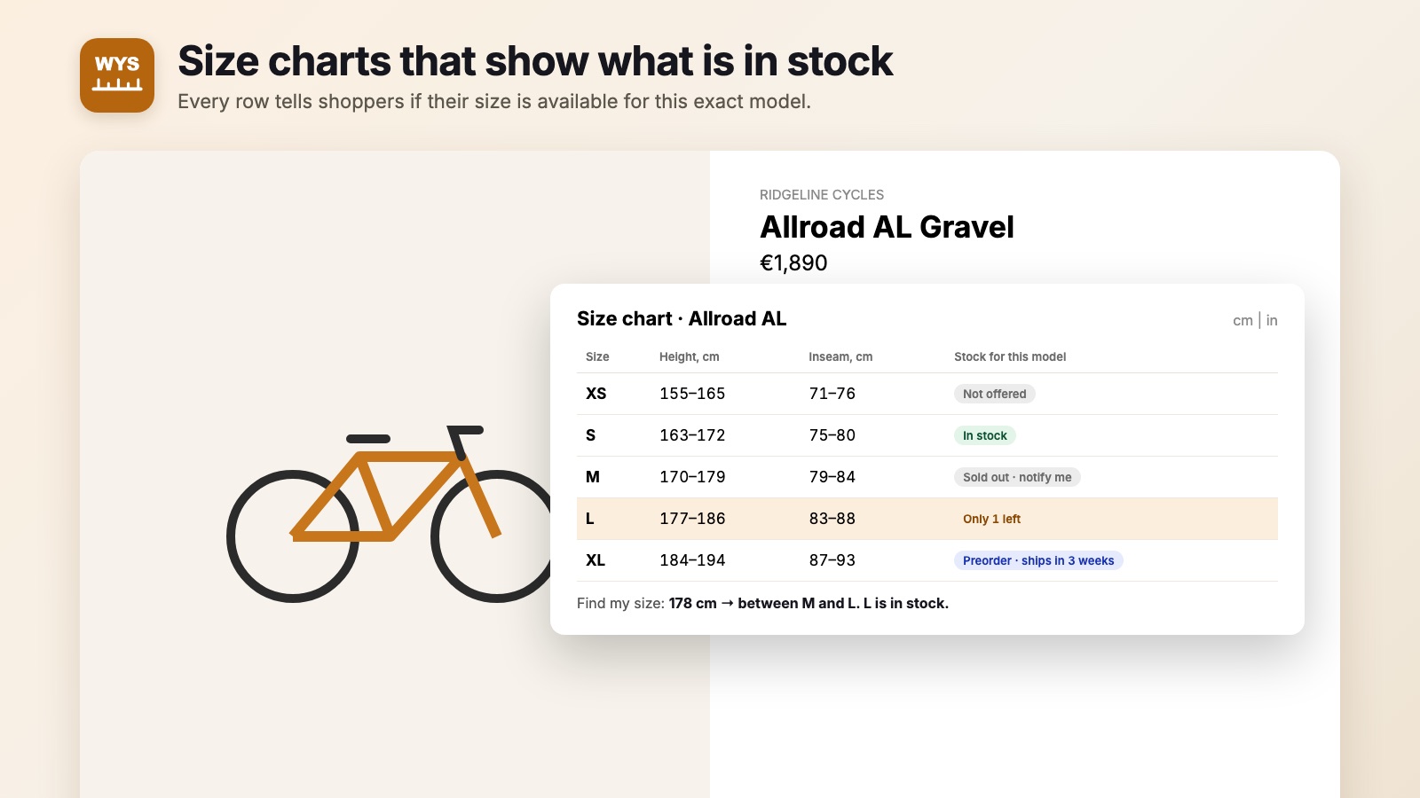 Size chart on a product page with live stock in every row: in stock, only one left, preorder, sold out